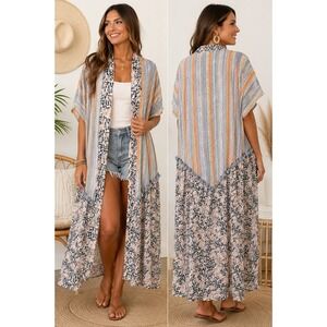 GiGio Boho Kimono Cardigan Mixed Print Tassel‎ Trim Lightweight Duster L